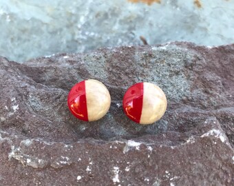 Red wood stud earrings.