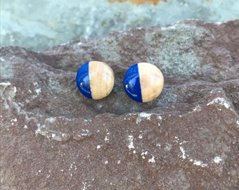 Blue wood stud earrings, Royal blue, Navy.