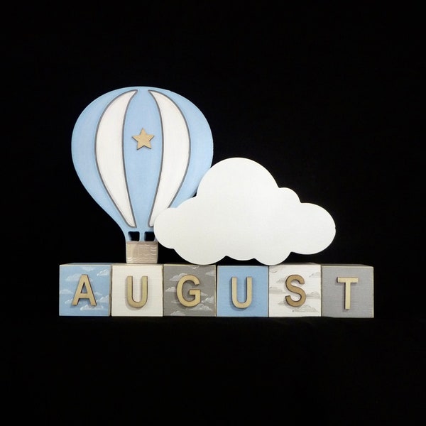 Hot air balloon nursery, Travel name sign, Baby name blocks, Baby gift, Hot air balloon baby shower