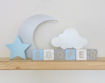 Moon star cloud nursery decor, Cloud decor, Moon star baby shower, Wooden baby blocks