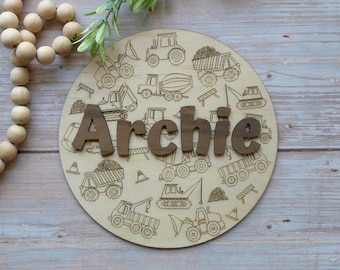 Personalised Construction Vehicle Name Sign, Construction Theme Boys Bedroom