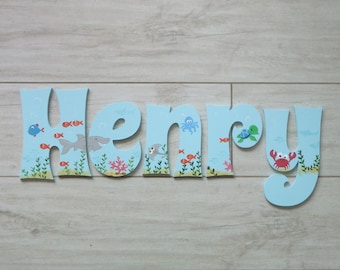 Ocean Nursery Name Sign, Personalised Wooden Baby Name Sign, Under The Sea Wall Decor