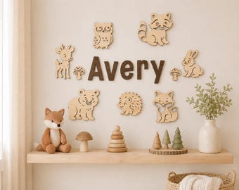 Personalised Nursery Name Sign, Woodland Animal Wall Decor, Wooden Baby Name Sign