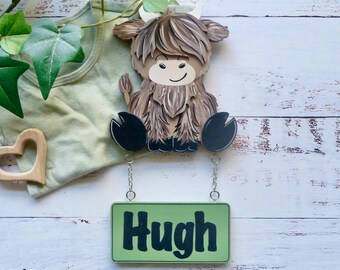 Personalised Highland Cow Kids Door Sign, Hand Painted Name Sign, Farm Nursery Decor AU