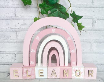 Pink Rainbow with Baby Name Blocks, Rainbow nursery decor, Pink rainbow decor, Name blocks for nursery