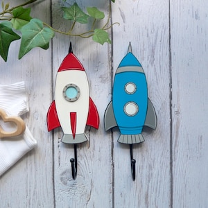 Rocket Wall Hook, Space Nursery Decor, Wooden Kids Room Storage