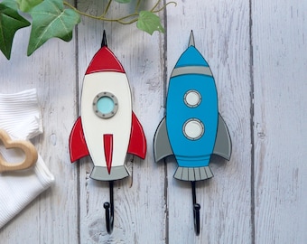 Rocket Wall Hook, Space Nursery Decor, Boys Room Decor, Wooden Wall Hook