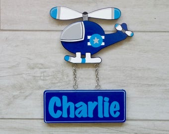 Helicopter kids door sign, Nursery name sign, Kids door sign, Wooden name sign, Kids room sign - Helicopter decor