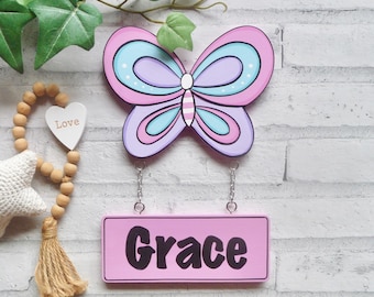 Personalised Butterfly Kids Door Sign, Hand Painted Name Sign, Girls Room Decor AU
