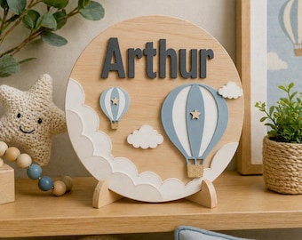 Hot Air Balloon Nursery Decor, Personalised Name Sign, Neutral Baby Room Decor