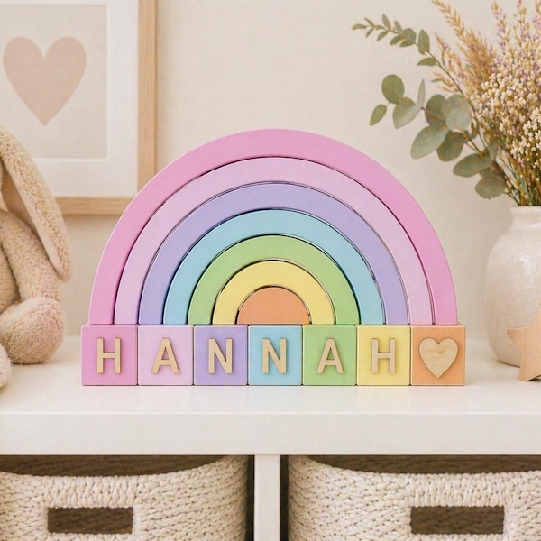 Pastel Wooden Rainbow Decor, Personalised Baby Name Blocks