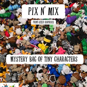 May include: A colorful assortment of tiny character figurines, including animals and other figures, fills the frame. The image features the text "PIX N' MIX" and "MYSTERY BAG OF TINY CHARACTERS". A logo with a dragon and a cucumber is in the lower left corner.