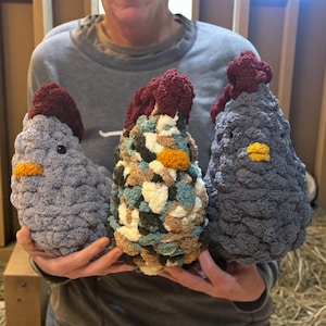 May include: Three handmade crochet chicken plushies with textured yarn. Two chickens are solid gray, and one is a variegated mix of cream, tan, teal, and dark green. Each features a dark red textured comb, a small yellow beak, and black eyes.