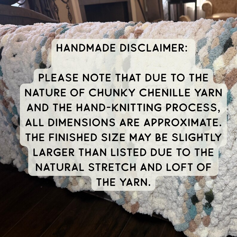 May include: A close-up of a chunky knit blanket in shades of cream, beige, and teal. The blanket has a textured appearance. Text on the image reads: "HANDMADE DISCLAIMER: PLEASE NOTE THAT DUE TO THE NATURE OF CHUNKY CHENILLE YARN..."
