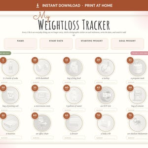 May include: A weight loss tracker printable chart titled My Weightloss Tracker with fields for name, start date, starting weight, and goal weight. It features fifteen circular milestones from 5 lbs to 75 lbs, each depicting a common object.