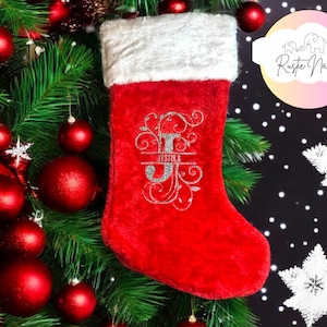 Personalized Christmas Stocking with Glitter Name, Red Plush Stocking for Family, christmas gift,Traditional Christmas, Monogram