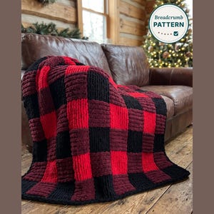 Buffalo Plaid Finger Knit Blanket Pattern, Lodge Plaid Chunky Chenille Christmas Throw 51x60, Red and Black Check, PDF