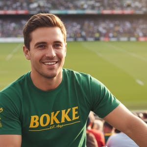 May include: A green t-shirt with the word "BOKKE" in yellow, and the text "EST. 1891" below it. The t-shirt is worn by a person smiling at a stadium.