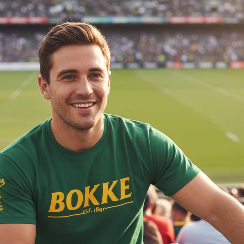 May include: A green t-shirt with the word "BOKKE" in yellow, and the text "EST. 1891" below it. The t-shirt is worn by a person smiling at a stadium.
