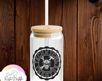 Tech Theater Iced Coffee Glass Cup: Frosted Can Tumbler with Bamboo Lid