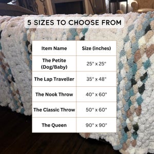 May include: A chunky knit blanket in cream, blue, and brown tones. The image includes a table with size options: The Petite (25" x 25"), The Lap Traveller (35" x 48"), The Nook Throw (40" x 60"), The Classic Throw (50" x 60"), and The Queen (90" x 90").