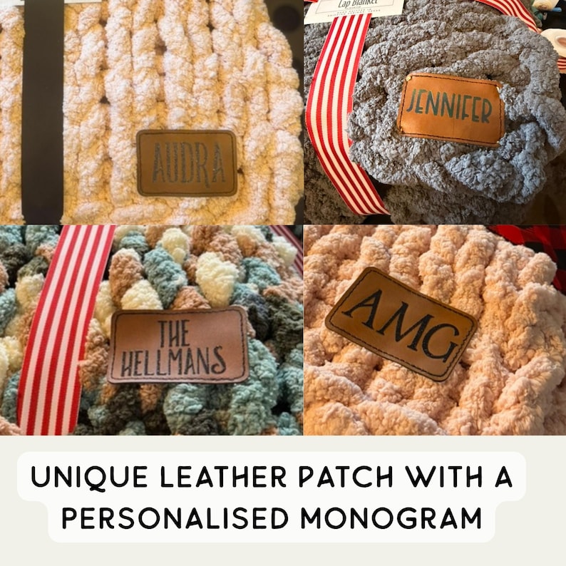 May include: A collage of chunky knit blankets in various colors, each featuring a personalized leather patch with a name or initials. The blankets are in shades of pink, gray, and a mix of blues and browns. The text at the bottom reads: UNIQUE LEATHER PATCH WITH A PERSONALISED MONOGRAM.