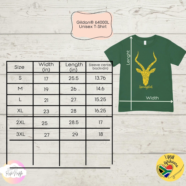 May include: Green Gildan 64000L Unisex T-shirt with a yellow Springbok graphic. The shirt has a size chart with measurements in inches. The shirt's width ranges from 17 to 27 inches, and the length ranges from 25.5 to 29 inches.