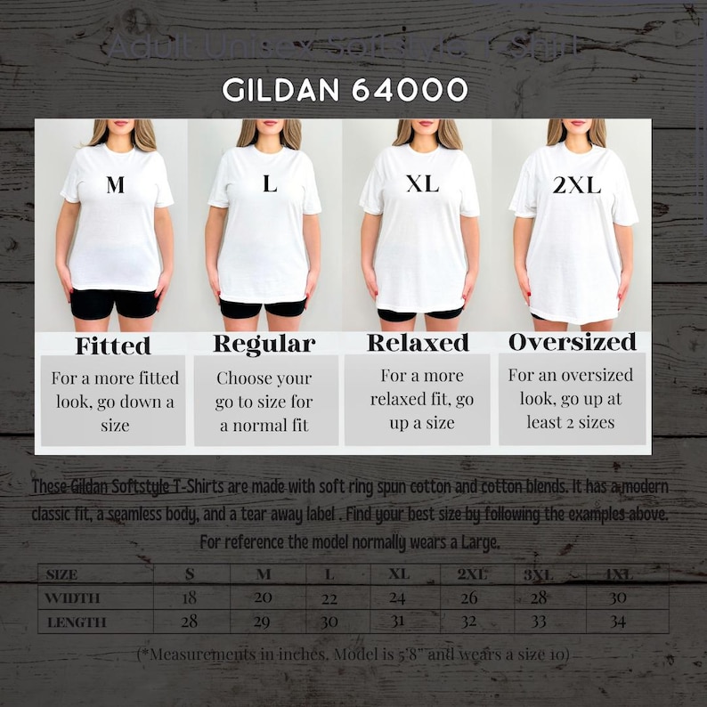 Puede incluir: Camisetas blancas Gildan 64000 en varias tallas, modeladas en mujeres. La imagen muestra cortes ajustados, regulares, relajados y de gran tama&ntilde;o. Una tabla de tallas proporciona medidas en cm, de la S a la 3XL. La modelo mide 173cm y usa una talla 10.