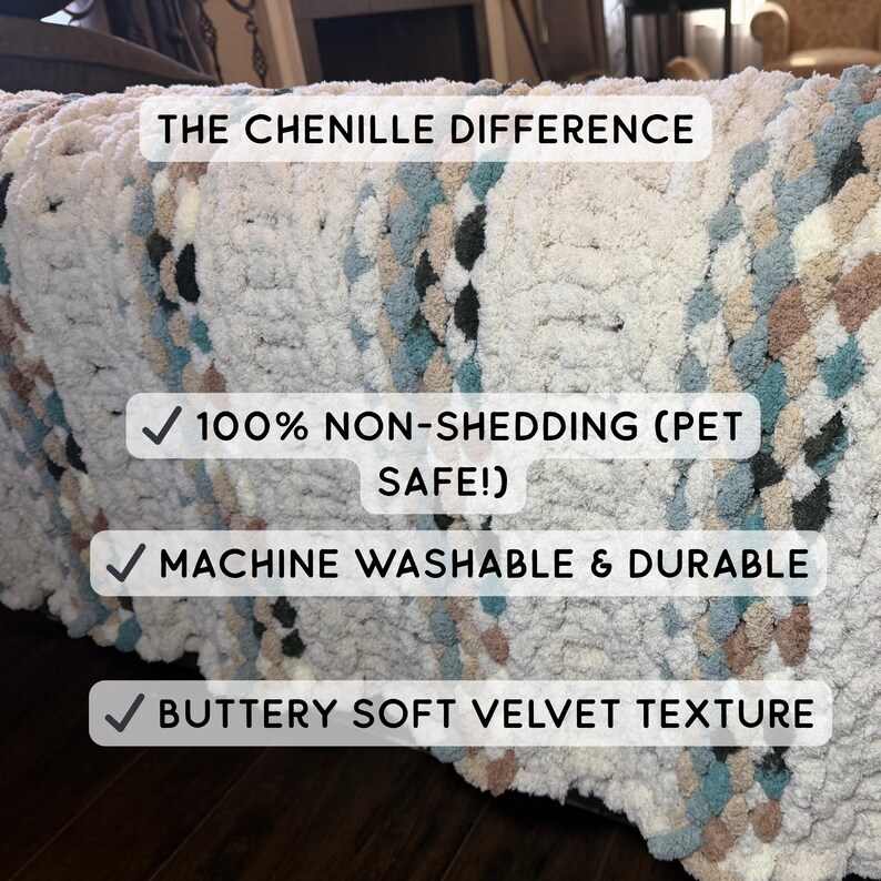 May include: A chunky knit chenille blanket in cream, blue, and brown tones. The blanket features a textured, plush design with the text "THE CHENILLE DIFFERENCE", "100% NON-SHEDDING (PET SAFE!)", "MACHINE WASHABLE & DURABLE", and "BUTTERY SOFT VELVET TEXTURE".