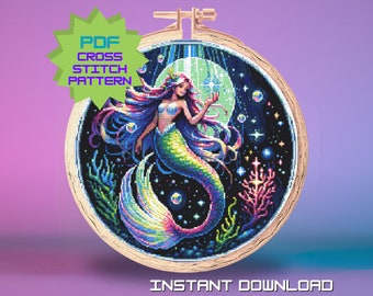 Bubble Mermaid Cross Stitch Pattern - Decor, Under The Sea, Whimsical, embroidery