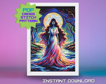 Haunting By Moonlight Cross Stitch Pattern - Decor, Halloween, Haunted, Spooky, Colorful, Ghost, Embroidery