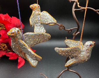 Set of 3- Vintage Embellished Dove Ornaments~gorgeous handmade birds with embedded gems
