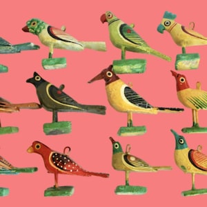 Set of 12~hand carved & painted bird ornaments~ exotic bird figurines for fairy garden, ornaments, collectibles etc. 2&quot; or .5&quot;