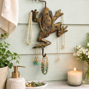 May include: A bronze-colored metal frog-shaped jewelry holder mounted on a light blue wall. The frog has outstretched arms and legs, with hooks to hang necklaces and earrings. Various necklaces and earrings are displayed on the holder.