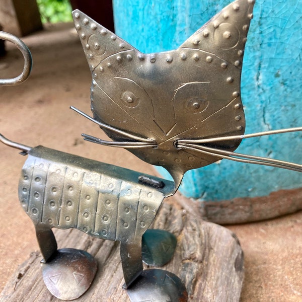 Vintage Mini Cat Sculpture- recycled metal garden art