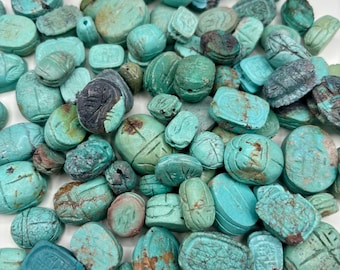 Set of 10 Assorted Turquoise Scarab Beads// Vintage Hand- Carved Authentic Turquoise beads 8-20mm