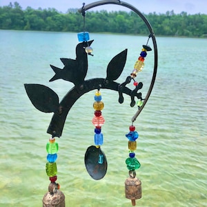 Crescent Sprig~ Vintage Glass Beads & Iron Bell Chime~ boho garden art