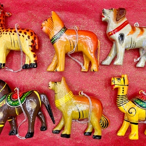 Set of 6 Vintage Hand Carved & Painted Animal Ornaments from India image 1