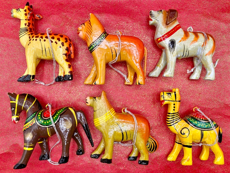 Set of 6 Vintage Hand Carved & Painted Animal Ornaments from India image 1