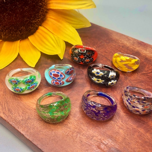 Set of 9 Gorgeous Rings~ Handmade Millefiori Murano Glass Rings~ perfect party favors, gift baskets, stocking stuffers etc.