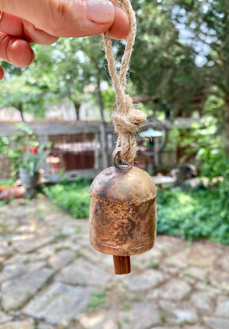 Set of 5 Rustic Garden Bells~old World Copper Bells on Plain Jute Rope ...
