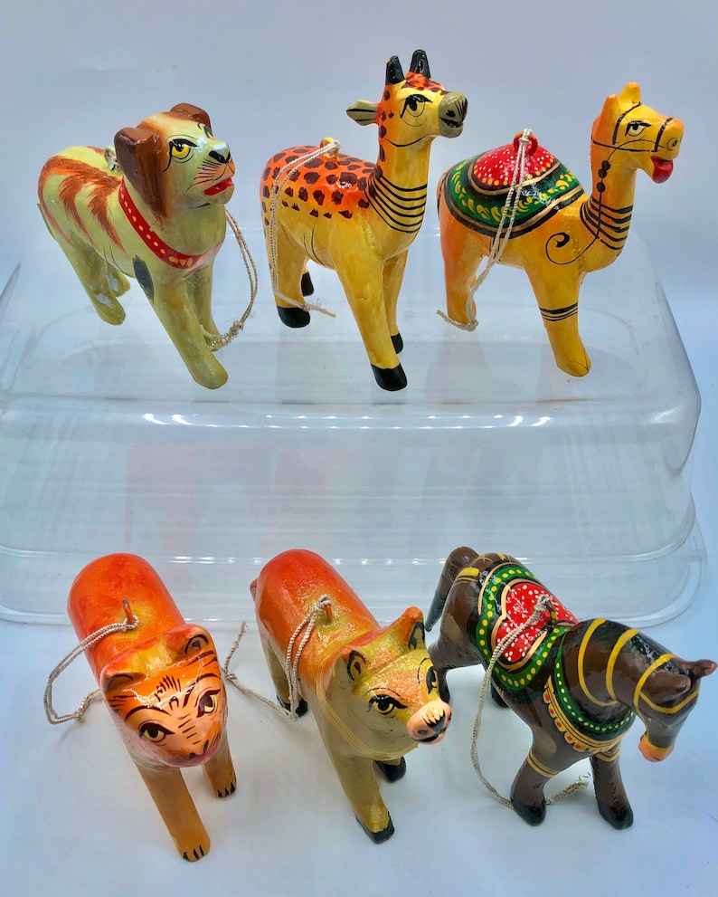 Set of 6 Vintage Hand Carved & Painted Animal Ornaments from India image 4