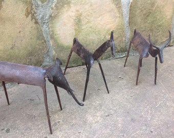 Vintage Primitive Animal Sculptures- set of 3- elephant, giraffe, buffalo