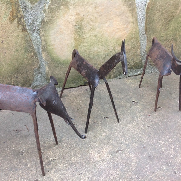 Vintage Primitive Animal Sculptures- set of 3- elephant, giraffe, buffalo