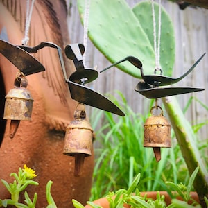 Set of 3~ Mini Rustic Bird Bells~ Sculptural metal bell ornaments for indoor/outdoor- boho decor