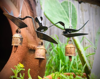 Set of 3~ Mini Rustic Bird Bells~ Sculptural metal bell ornaments for indoor/outdoor- boho decor