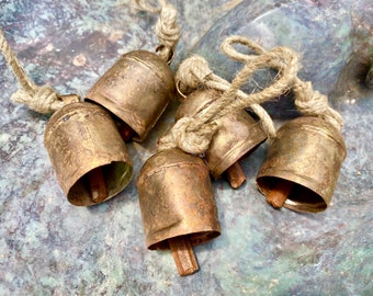 Set of 5 Rustic Garden Bells~Old World Copper Bells on Plain Jute Rope