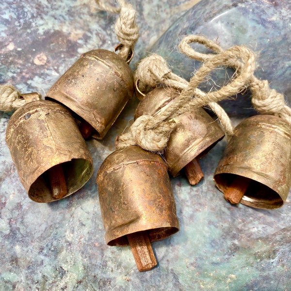 Set of 5 Rustic Garden Bells~Old World Copper Bells on Plain Jute Rope