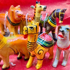 Set of 6 Vintage Hand Carved & Painted Animal Ornaments from India image 2