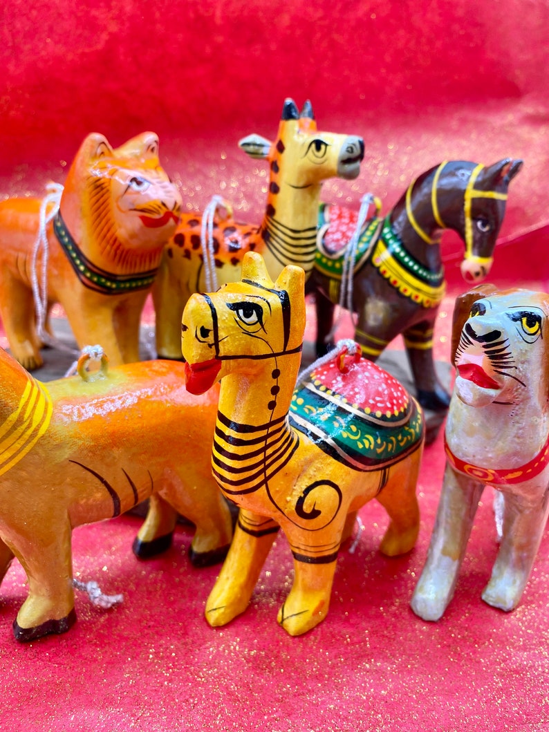 Set of 6 Vintage Hand Carved & Painted Animal Ornaments from India image 2